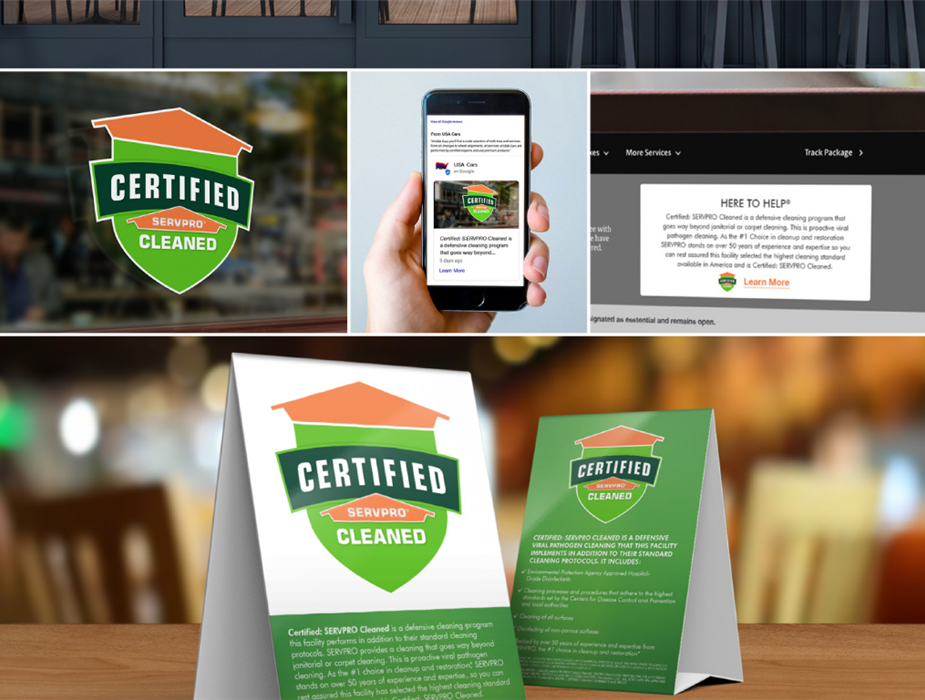 Certified: SERVPRO Cleaned window decals and table top pamphlets